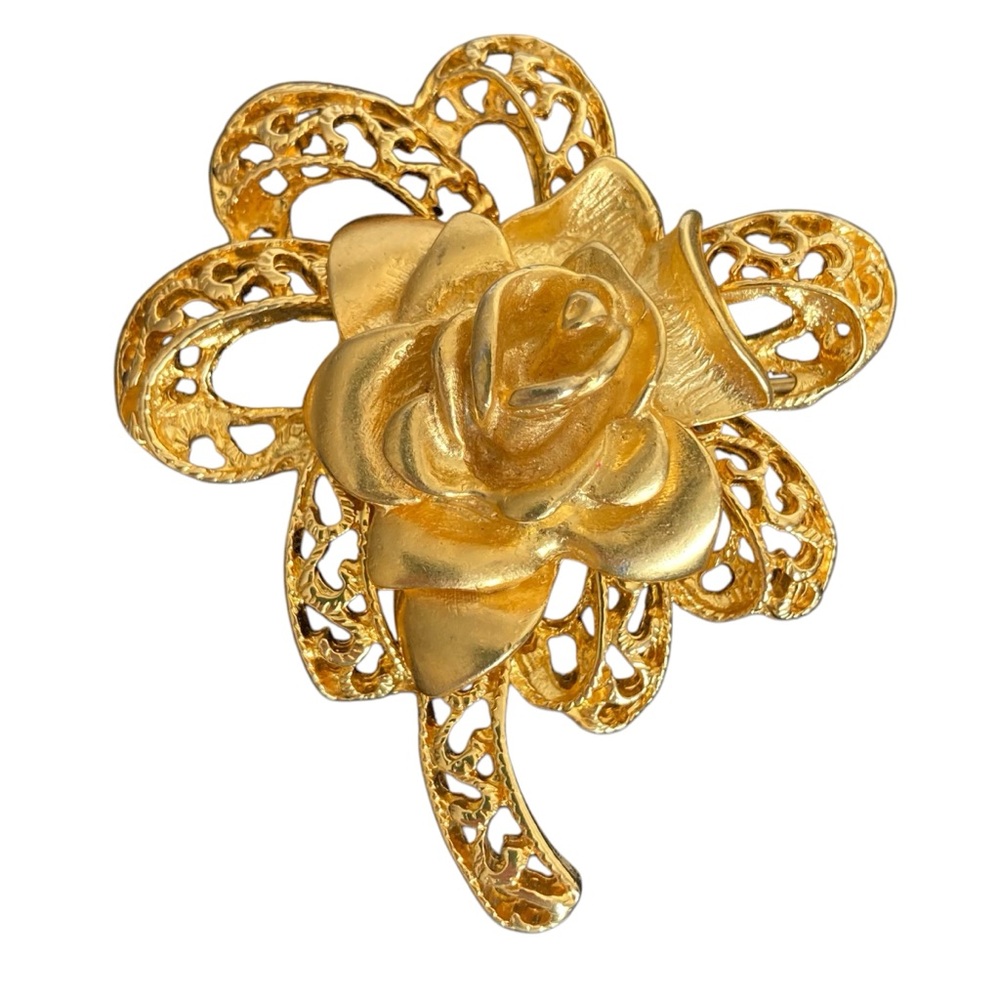 Vintage Gold Gilded Rose Filigree Puffy Brooch